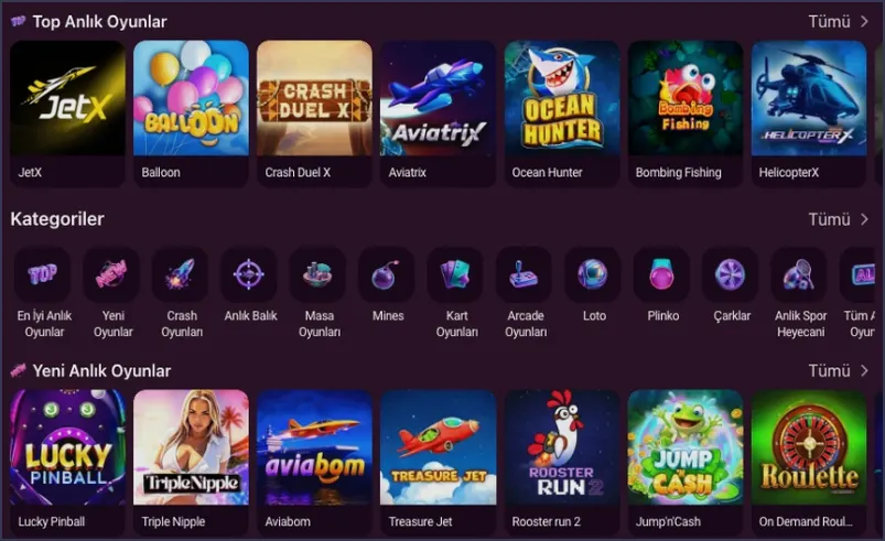Anlık oyunlar bölümünde JetX, Balloon ve Crash Duel X başta; altında Mines, Plinko ve Çarklar kategori simgeleri yer alıyor.