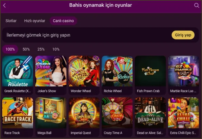 Canlı oyun listesi Canlı casino sekmesinde Greek Roulette, Joker's Show, Wonder Wheel, Mega Ball ve Dead or Alive Saloon gibi masalar sıralanıyor.