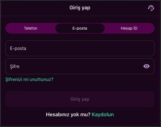 E-posta sekmesi seçili Giriş yap formunda Şifre alanı, soluk Giriş yap düğmesi ve Hesabınız yok mu? Kaydolun bağlantısı görünüyor.