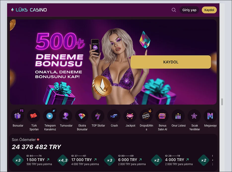 Luks Casino ana sayfasında 500₺ deneme bonusu afişi, kısayol simgeleri ve Son Ödemeler altında 6 000 TRY kartı görünüyor.