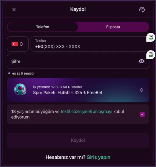 Kaydol formunun yakın çekiminde Türk bayraklı ülke seçici, +90(XXX) XXX - XXXX alanı, Spor Paketi satırı ve kayıt düğmesi görünüyor.
