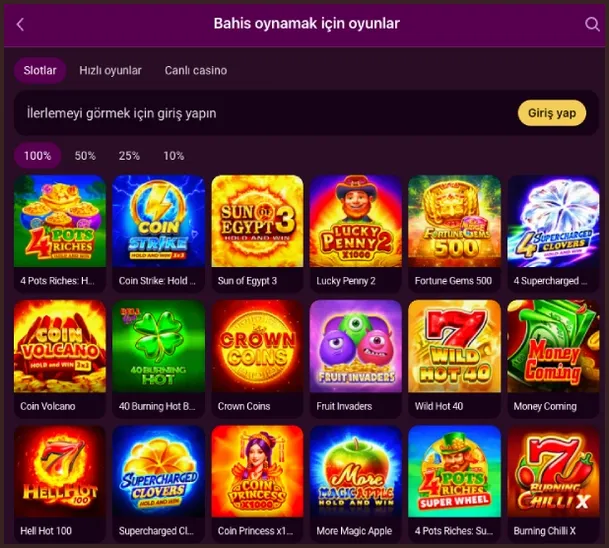 Çevrim için slotlar Slotlar sekmesinde 4 Pots Riches, Coin Strike ve Sun of Egypt 3 yer alırken yanda %100, 50, 25 ve 10 seçici duruyor.