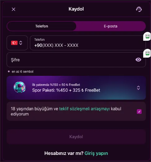 Spor Paketi: %450 + 325 ₺ FreeBet seçili Kaydol penceresinde İlk yatırımda %150 + 50 ₺ FreeBet satırı ve işaretli şartlar kutusu var.