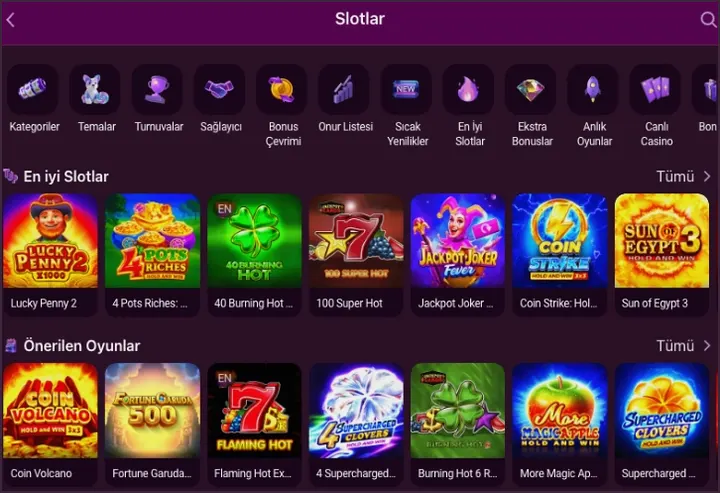 Slotlar sayfasının üstünde Kategoriler, Temalar, Turnuvalar, Sağlayıcı ve Bonus Çevrimi simgeleri; altında En iyi Slotlar satırı başlıyor.