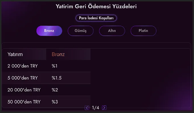Yatırım Geri Ödemesi Yüzdeleri tablosunun yakın planında Yatırım ve Bronz sütunları, %1 ile %3 arası oranlar ve 1/4 sayfa okları görünüyor.