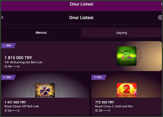 Onur listesi zirvesi Mevcut sekmesindeki Onur Listesi'nde ilk üç sıra görünüyor: birinci 1 815 000 TRY, ikinci 1 451 000 TRY, üçüncü 772 500 TRY.