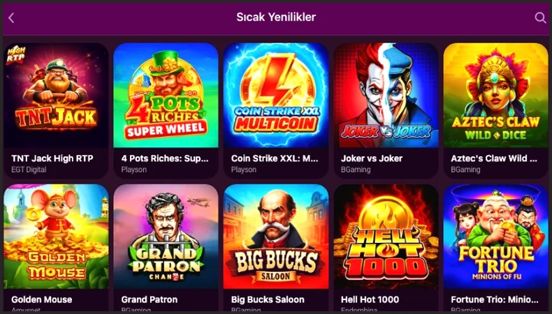 Sıcak yeni slotlar Sıcak Yenilikler listesi TNT Jack High RTP, Coin Strike XXL, Aztec's Claw ve Hell Hot 1000 dahil yeni slot kutularını sıralıyor.