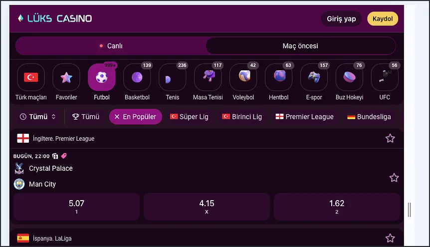 Futbol listesinde Premier League filtresi ve Bundesliga seçeneği yer alırken BUGÜN 22:00 için Crystal Palace - Man City maçı listelenmiş.